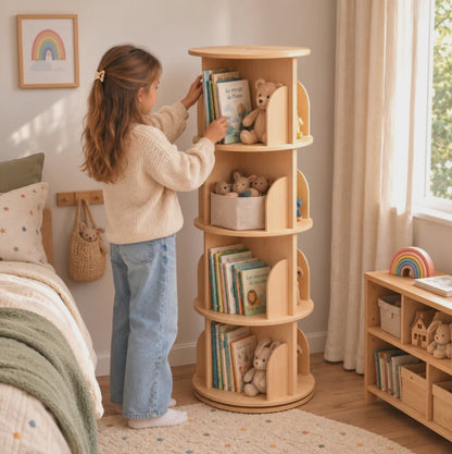 Bibliothèque Enfant Tournante en Bois Naturel 4 étages - Rangement Montessori