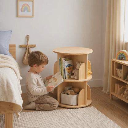 Bibliothèque Enfant Tournante en Bois Naturel 2 étages - Rangement Montessori