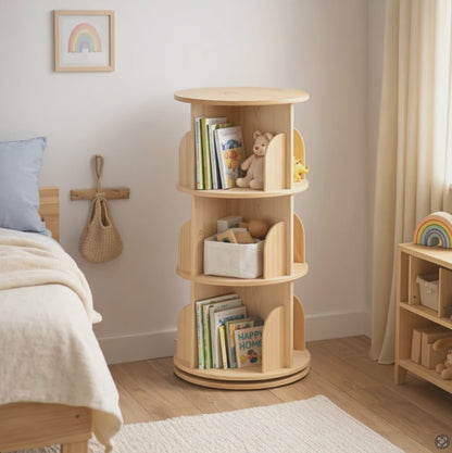 Bibliothèque Enfant Tournante en Bois Naturel 2 étages - Rangement Montessori