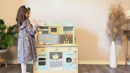 Cuisine Enfant en Bois Bleu - Dinette 17 Accessoires Inclus